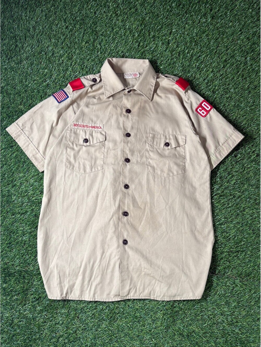90s Boy Scouts Made in USA Official Shirt Tan Cotton Short Sleeve Size M